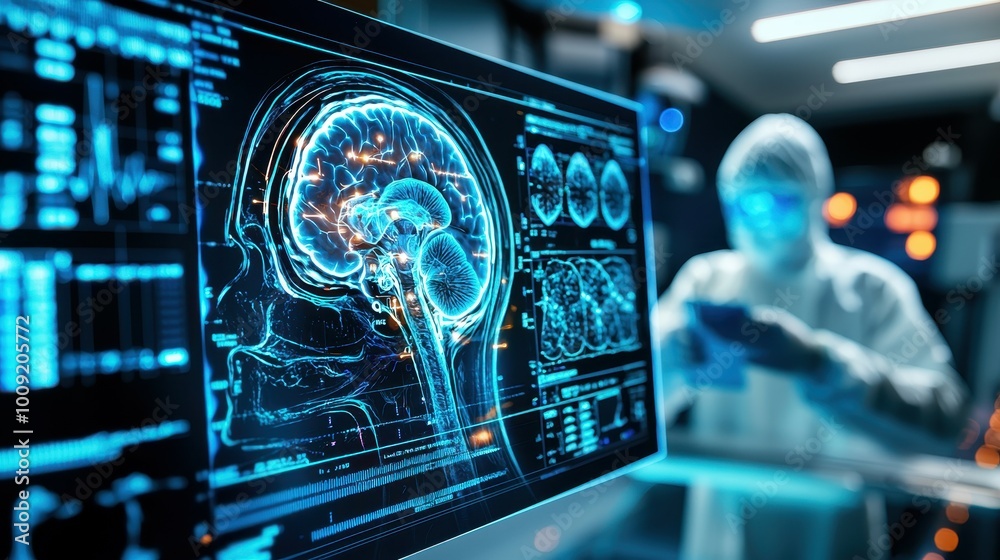 Poster a computer screen displaying a 3d model of the brain.