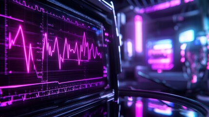 A close-up of a heart monitor showing a beating line, with advanced medical equipment and holographic health metrics displayed in the background.