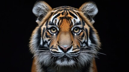 Close-up portrait of a tiger against a black background