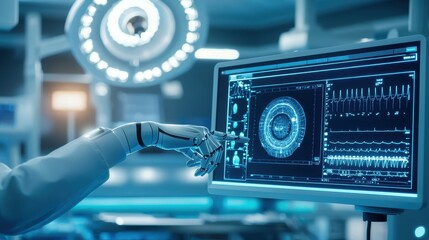 Fototapeta premium Robotic arm in a medical setting, interacting with a computer screen.