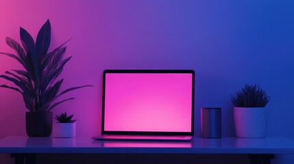 Minimalist Workspace with Laptop and Plants in Neon Lighting