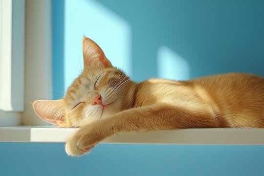 Relaxed orange cat napping in sunlight on a shelf