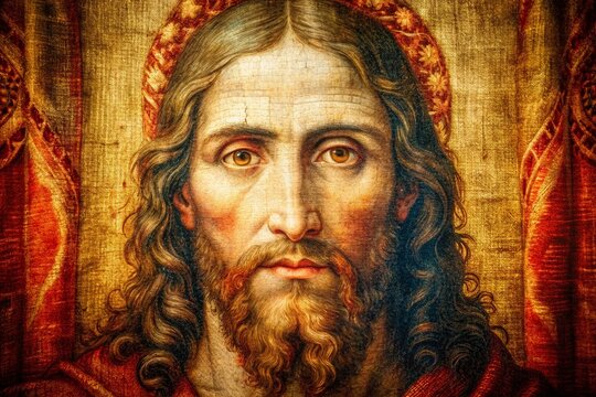 Detailed close-up of the Shroud of Turin, showcasing the intricate patterns and aged fabric texture