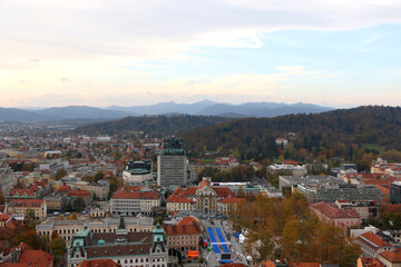 Aerial view of central Ljubljana, capital of  Slovenia, from Ljubljana Castle. Autumn in the picturesque city.