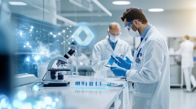 A scientist in a lab coat and gloves analyzes data.