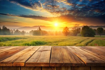 Empty wooden table and sunrise nature background with forced perspective
