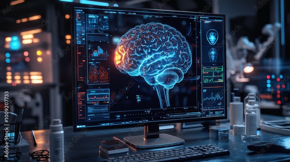 Poster a computer screen displays a digital rendering of a brain in blue with a small section highlighted i