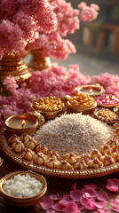 Fototapeta premium Delight in vibrant Bhai Dooj celebration with beautifully arranged ceremonial plate featuring traditional sweets and delicacies and surrounded by blooming flowers. 