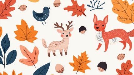Obraz premium Woodland creature-themed childrens book cover, with autumn leaves and acorns as playful design elements.