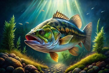 Fototapeta premium Detailed Drawing of a Bass Fish in Natural Habitat Showcasing Unique Features and Colors