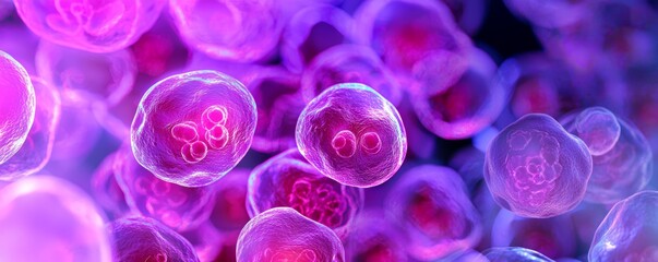 A cluster of embryonic stem cells in 3D, with each cell glowing softly, revealing the nucleus and internal organelles under a microscope.