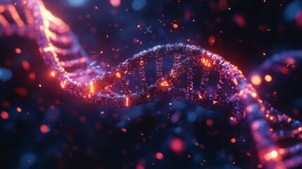 Obraz premium A glowing red DNA helix against a dark background.