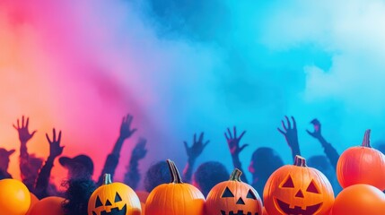 Halloween celebration with pumpkins and colorful smoke effects