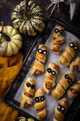 Halloween food. Ssausage in shape of mummies
