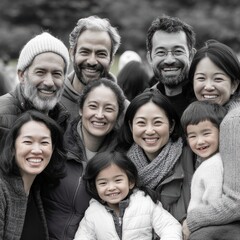 Fototapeta premium Diverse group of people smiling in joy in the park, a unique crowd, ethnic diversity, different cultures, family, multicultural friends, cultural mixing pot, professional portrait photo