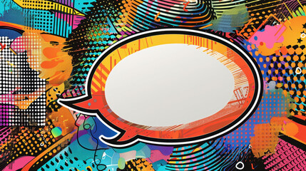 A large, empty speech bubble in the center of an abstract comic book background