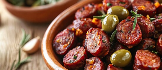 Close Up Of Delicious Grilled Chorizo Sausages with Olives