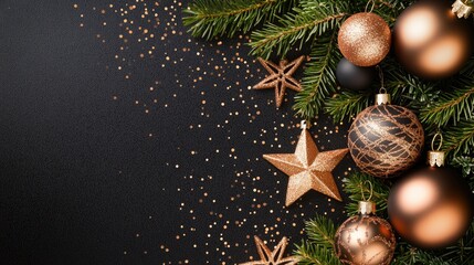 A collection of stylish black and gold Christmas ornaments hangs gracefully against a black backdrop, perfect for inspiring holiday decorations and seasonal festivities