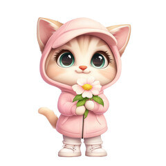 Cute kitten holding a flower, white background