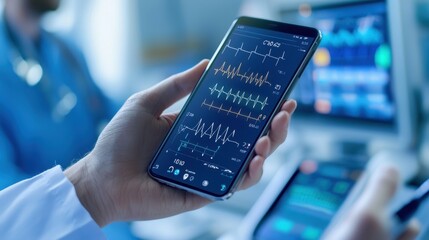 A doctor's hand holds a phone displaying a patient's vital signs in a hospital setting.
