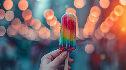 Hand Holding a Colorful Ice Cream Popsicle with a Bokeh Background