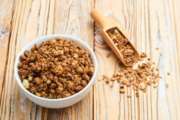 Homemade grain granola . Healthy energy eating . Top view