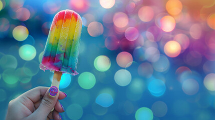 Hand Holding a Colorful Ice Cream Popsicle with a Bokeh Background