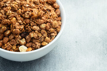 Homemade grain granola . Healthy energy eating . Top view