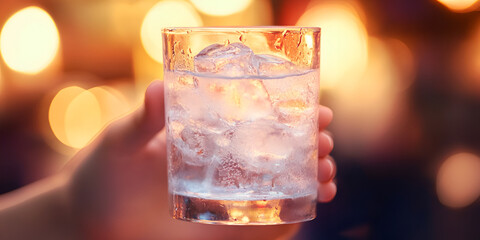 Hand Holding a Glass of Water with Ice Cubes

