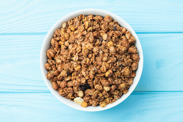 Homemade grain granola . Healthy energy eating . Top view
