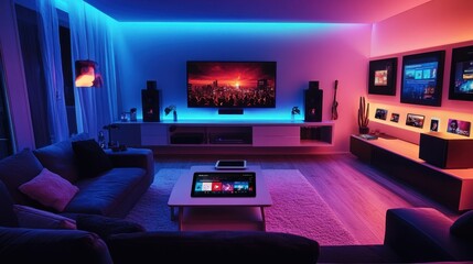 Futuristic Home Entertainment Room with Vibrant Lighting