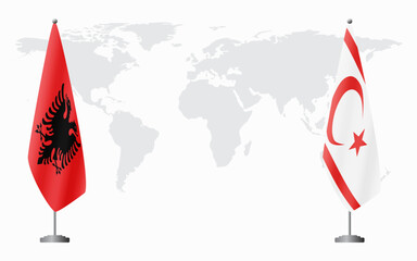 Albania and Turkish Republic of Northern Cyprus flags for official meeting against background of world map.