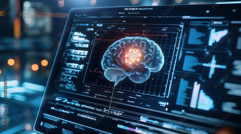 Poster a 3d rendering of the brain on a computer screen, surrounded by data.