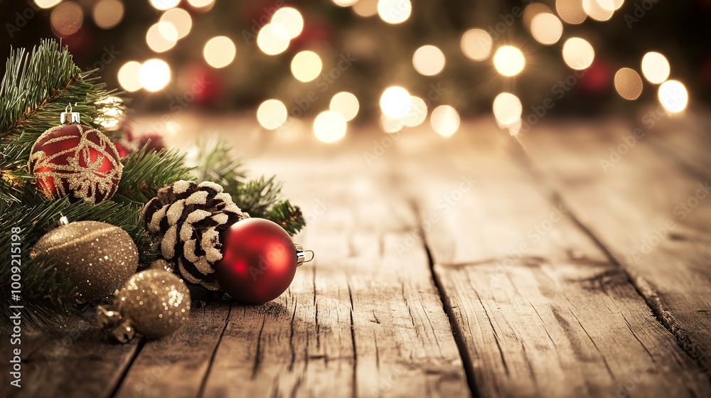 Sticker Empty wooden table with christmas theme in background 