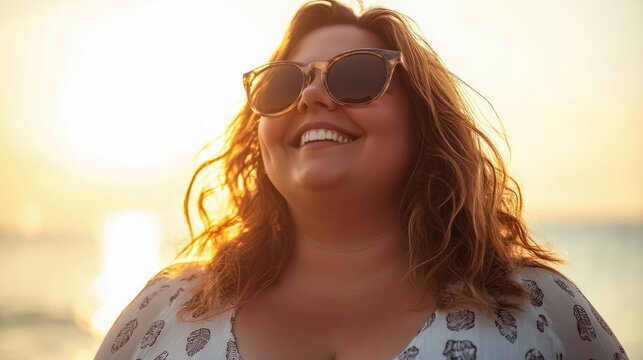 Happy chubby fat plus size woman in sunglasses on the beach at sunset, close-up portrait with bokeh