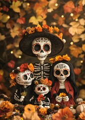 Day of the Dead Family: A heartwarming portrayal of a Day of the Dead family, adorned with vibrant marigolds and intricate sugar skulls.