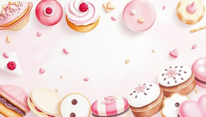 Whimsical Valentine's Day themed donuts and sweets on pink background with copy space