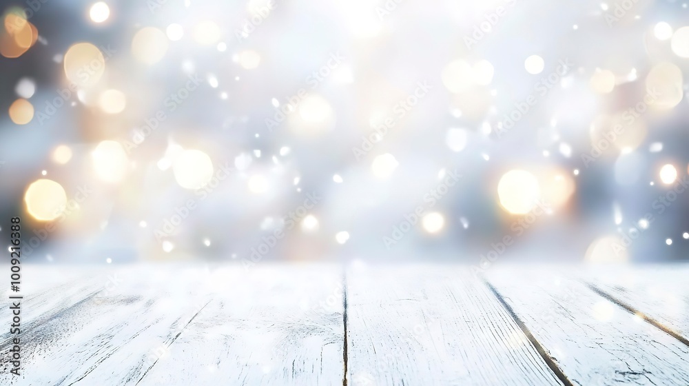 Wall mural Christmas background with empty white wooden table over bokeh lights  