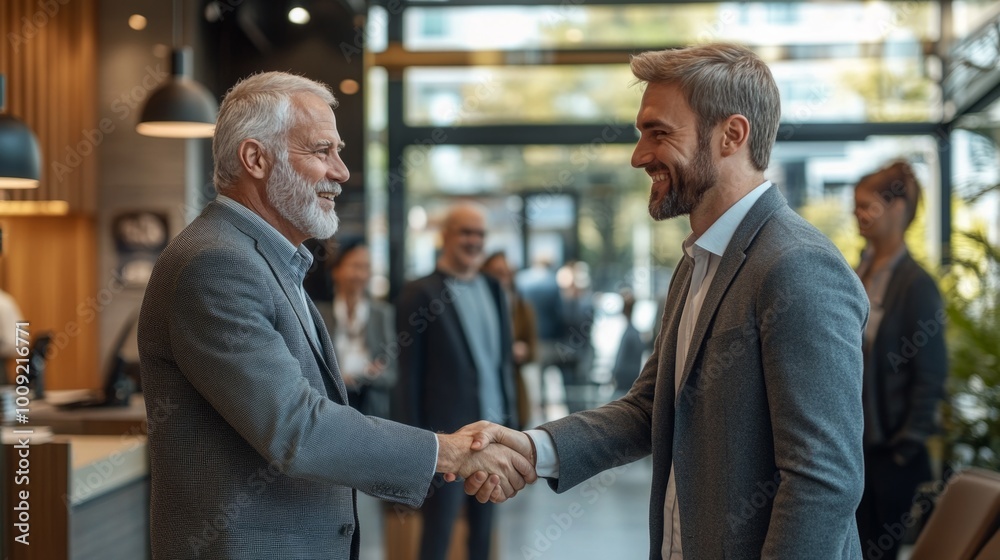 Poster two men shaking hands in a business setting