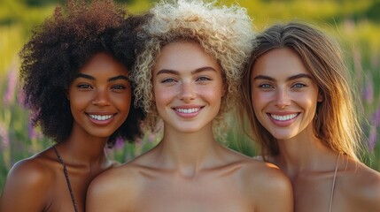Fototapeta premium Three Diverse Young Women Smiling Together In A Field