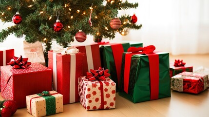 beautiful christmas gift boxes on floor  