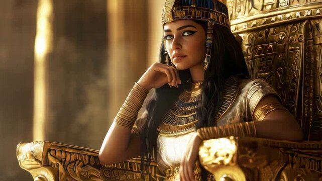 Elegant Cleopatra Sitting on a Throne in a Grand Egyptian Palace Decorated with Gold