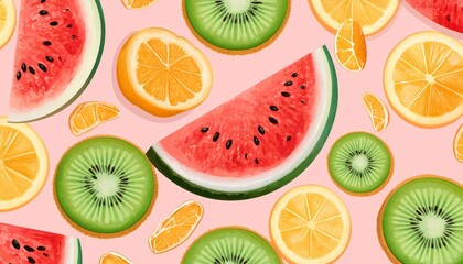 Vector illustration of halved and sliced watermelon, oranges, and kiwis on a pastel pink background.