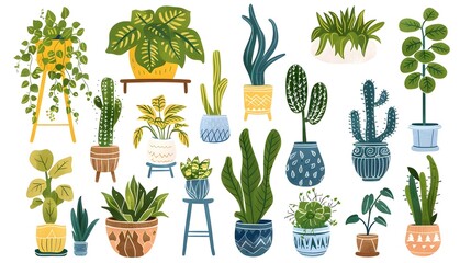 Diverse Houseplant Collection in Decorative Pots and Stands