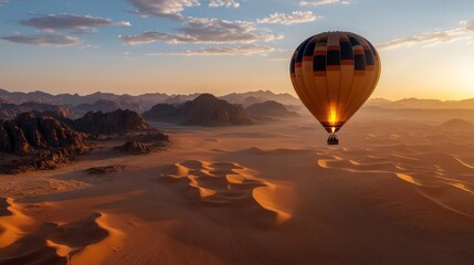 Obraz premium A scenic view of a hot air balloon soaring above a vast desert landscape during sunset.