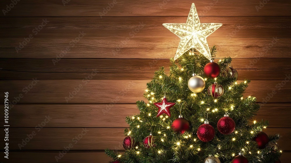 Poster A Christmas tree in a cozy room, adorned with wooden flooring and festive wall ornaments The tree's centerpiece is a sparkling star 