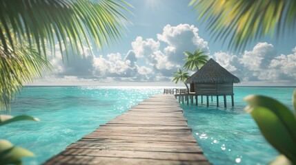 A serene tropical scene featuring a wooden pier leading to a thatched hut over turquoise waters.