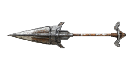 An ancient spear lies on a weathered wooden surface in soft natural light, on the transparent background. PNG Format