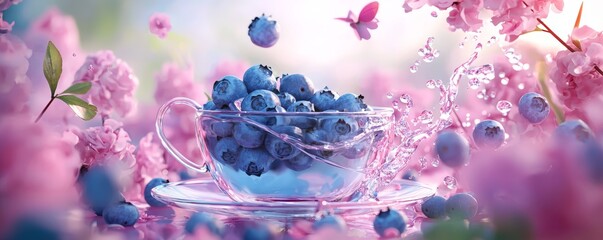 Virtual tea party illustration where blueberries splash into a glass teacup, representing flavor in motion.