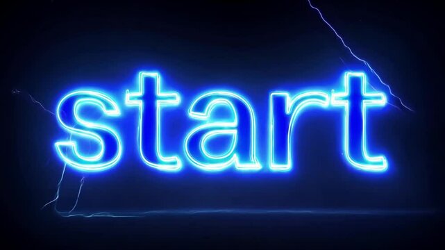 A bright neon blue "Start" text, glowing against a dark digital backdrop, representing the beginning of an action or process
